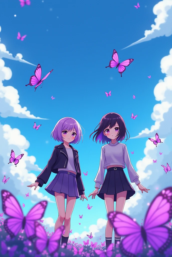 anime girl with short pink hair blue eyes pink hoodie blue skirt black legwear white shoes hairclip, angel wings, sky, angel dreamy with a anime girl with long blue hair, blue hoodie, wings, black skirt holding hands