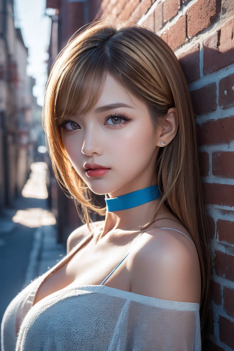  realism, Realistic, Ultra-Realistic Details: Velvety Skin, Symmetrical lips, (Bright shiny red_lipstick), (Long Blue_eyelash), student, break, Ultra-realistic 8K CG, masterpiece, ((Highly detailed background, Delicate pattern, Intricate details)), Highest quality, Intricate detailss, chromatic aberration, (Anatomically correct), (Perfect Proportions), Hyper-Photorealistic ((Portraiture)) a cute 1model:1.4. 2, Caucasian model, Unbelievably ridiculous, beautiful girl, cute, Digital SLR, Highest qualityのソフト照明, Sharp focus captured with the Fujifilm XT3, 5 ....6, In dramatic lighting, (Perfect composition), (Trim your hair, Long Hair, Blonde, Messy Hair, Red highlights, Hair on one eye), Sharp eyes, choker, ((Brick wall, graffiti)), Dim lighting, alley, Oversized shirt,Off the shoulder, Sheer white shirt, masterpiece, Highest quality