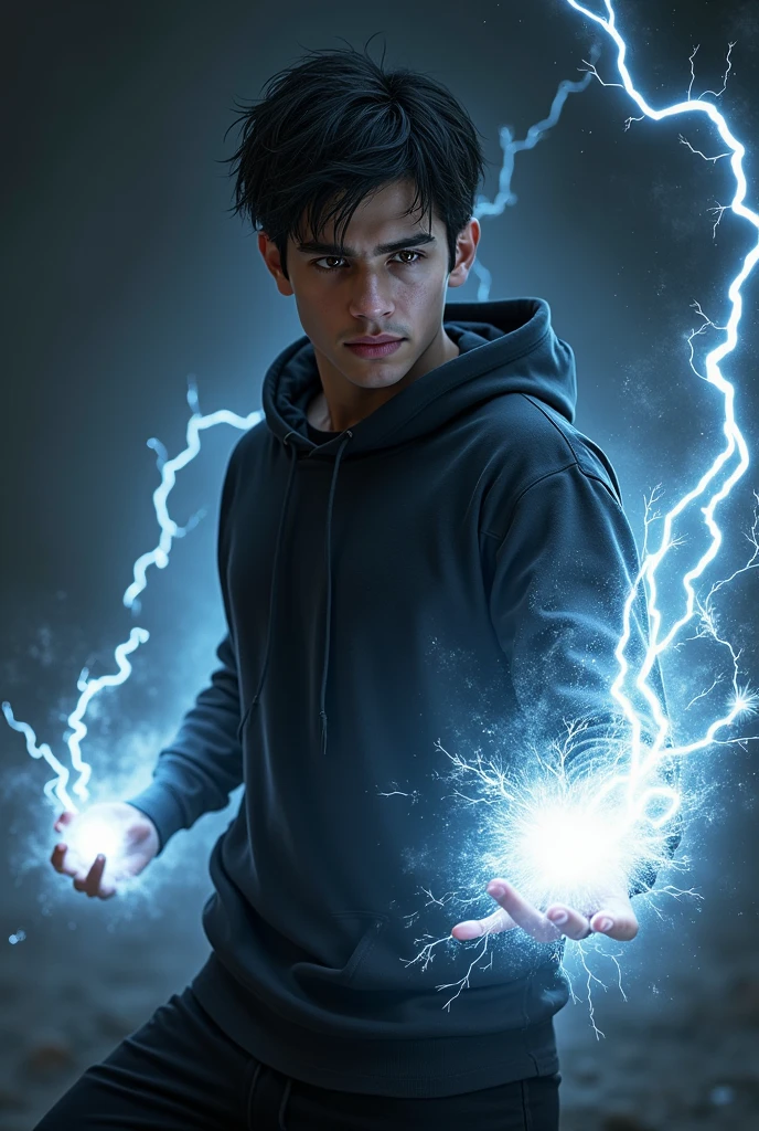 Short black hair、brown Eyes、A fearless face、Black clothing with hoodie、whit superpower force、dark electric aura、One caucasican man、18 year、combat style