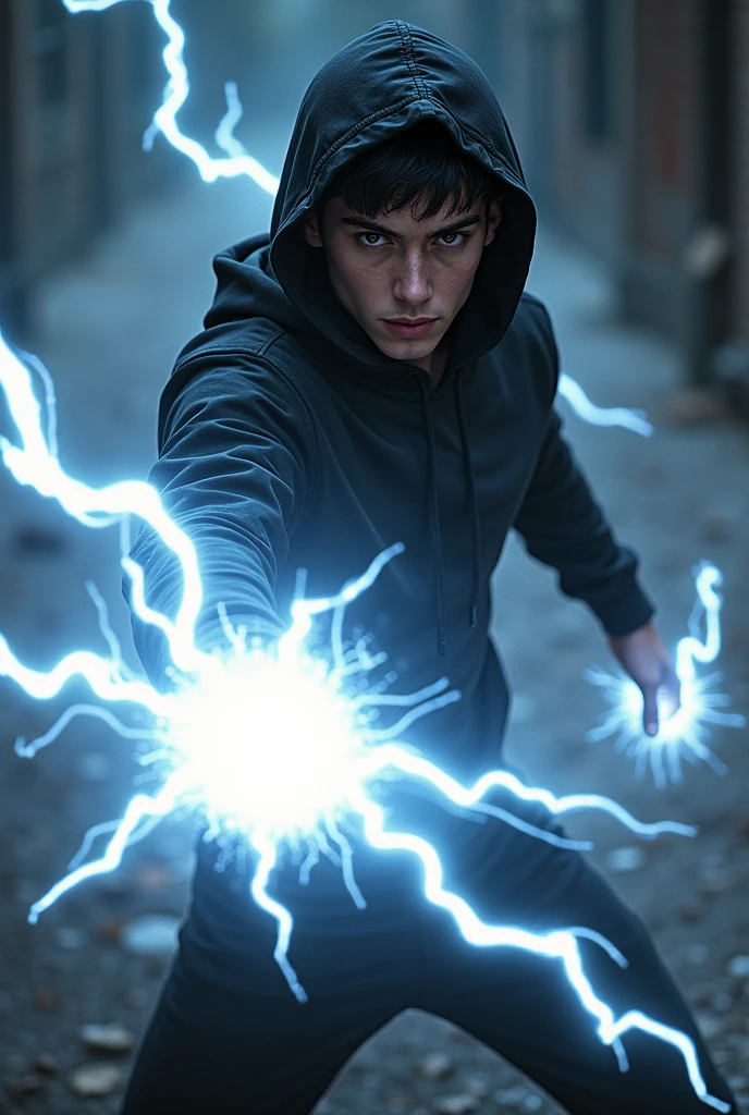 Short black hair、brown Eyes、A fearless face、Black clothing with hoodie、whit superpower force、dark electric aura、One caucasican man、18 year、combat style