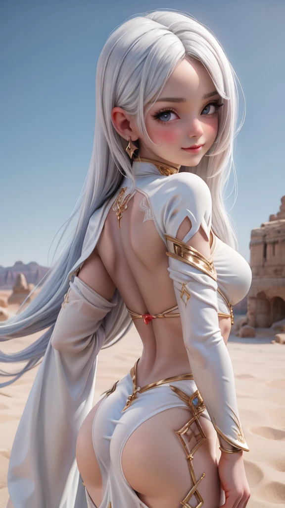 Ariel, upper body portrait, white hair, beautiful, cute arabian clothes, warrior, midriff, fit, white hair, rear view looking back, desert background, realistic fantasy ,concept art, Sexi, Excitada, Rosto lindo,corpo inteiro, Seios pequenos, Pele suave, Boca média rosada, Linda, natural .Seda transparente nas roupas. Sorriso atrevida