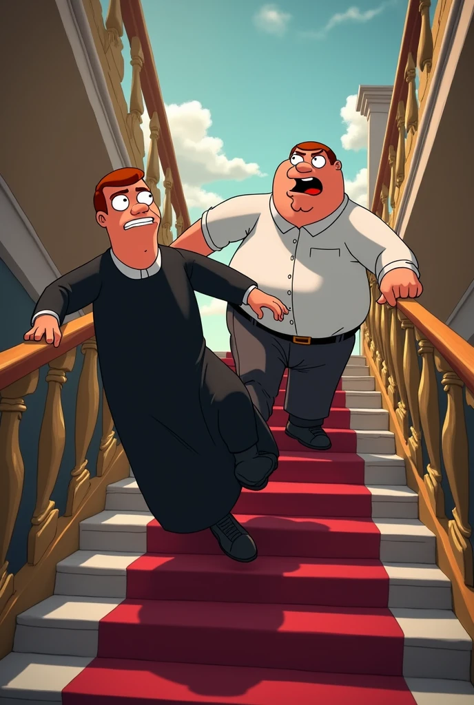  photo of a preast faling dows thé steira with Peter Griffin going to save him