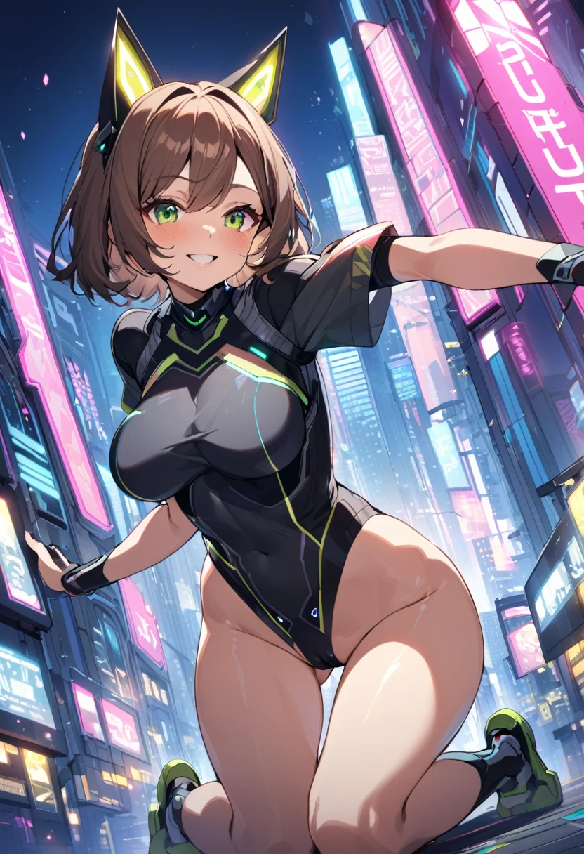 1teen_girl, kneeling with one hands on the ground  solo, short hair, brown hair, short sleeves, (thin_bodysuit), robot ears, green eyes, short sleeves, short over long sleeves, bare_thighs,smile, in futuristic city, , high quality, large_breasts,crotch, slouch,groin,dynamic_angle,open_legs,