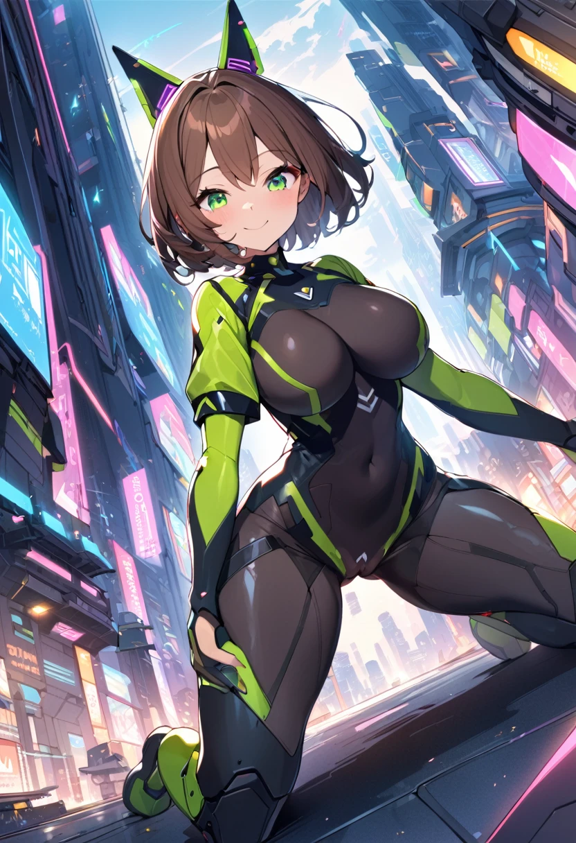 1teen_girl, kneeling with one hands on the ground solo, short hair, brown hair, short sleeves, (thin_bodysuit), robot ears, green eyes, short sleeves, short over long sleeves, bare_thighs,smile, in futuristic city, , high quality, large_breasts,crotch, slouch,groin,dynamic_angle,open_legs,