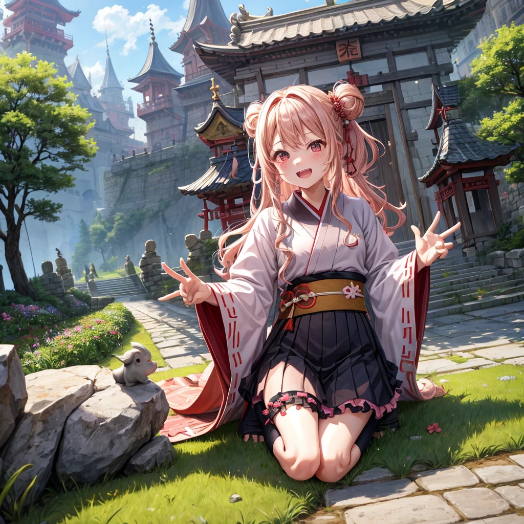 Pink Blonde、Red eyes、Wavy Hair、Hair tied up、Two cute、Checked mini skirt、black t-shirts、kimono、China、Frills、Knee-high socks、Teeth are visible、Monster Castle、Tilting face、grass、Stones are growing out of the ground.、In front of the city gates、Underground tunnels、Wooden bridge、The stone is cracked、Ashura Statue、Giant wood、There is a step on the ground、Piglets in a String
