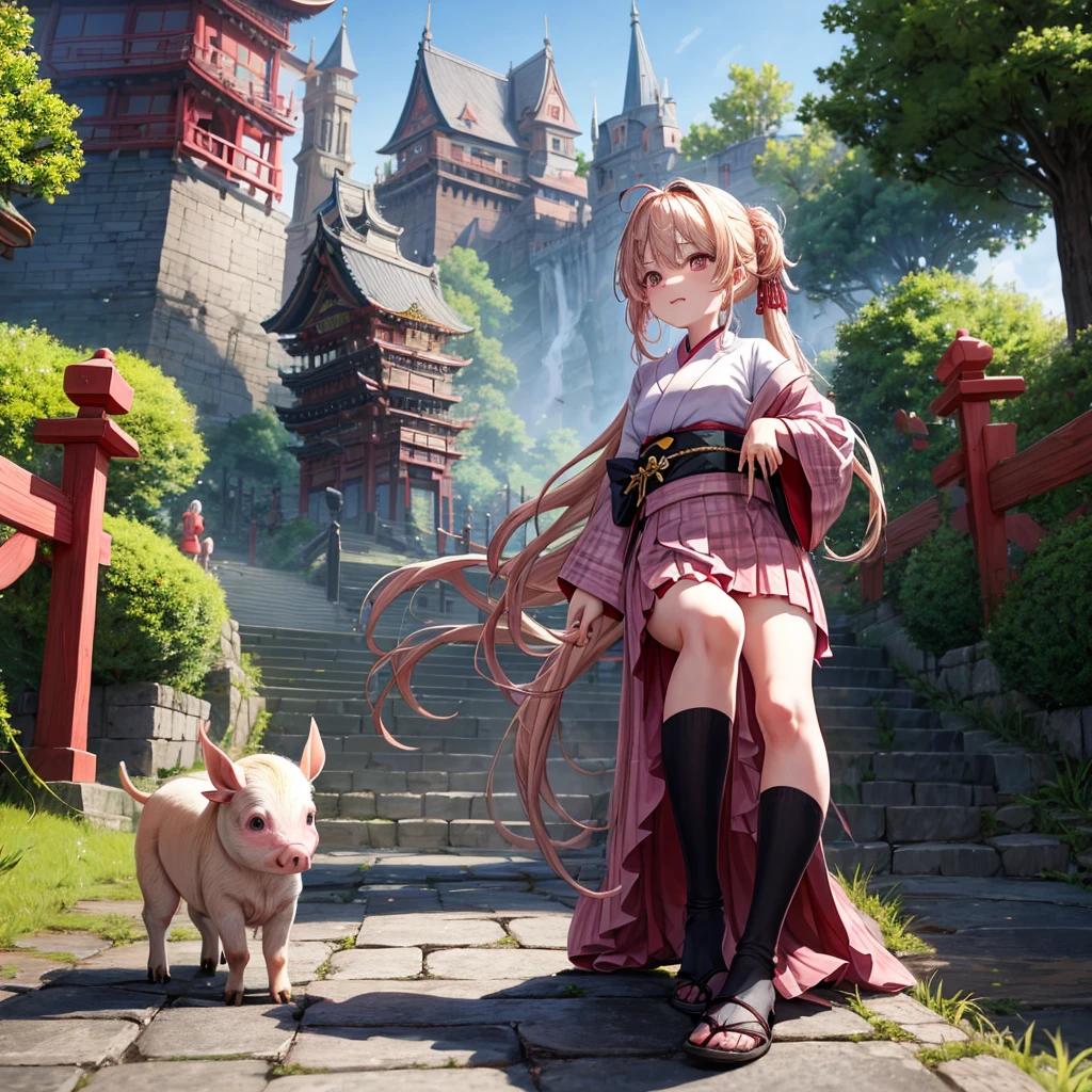 Pink Blonde、Red eyes、Wavy Hair、Hair tied up、Two cute、Checked mini skirt、black t-shirts、kimono、China、Frills、Knee-high socks、Teeth are visible、Monster Castle、Tilting face、grass、Stones are growing out of the ground.、In front of the city gates、Underground tunnels、Wooden bridge、The stone is cracked、Ashura Statue、Giant wood、There is a step on the ground、Piglets in a String