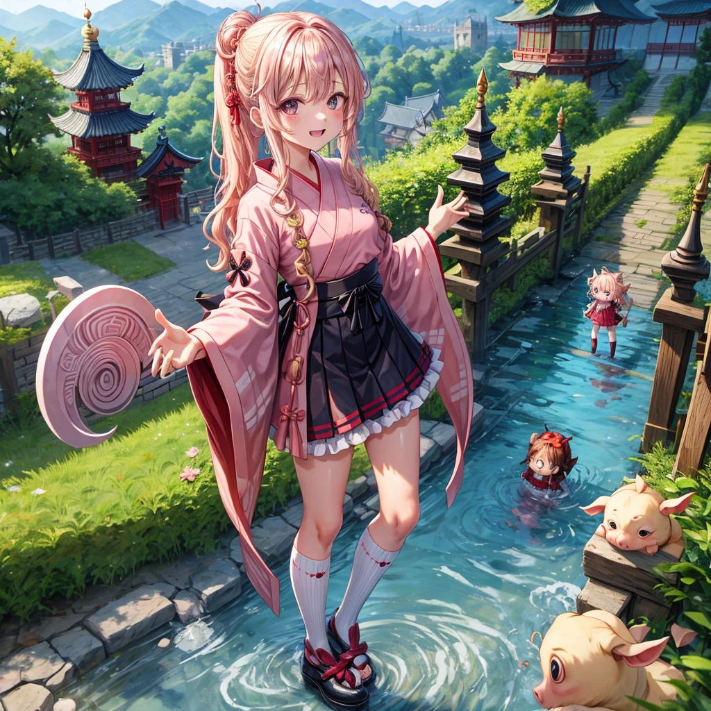 Pink Blonde、Red eyes、Wavy Hair、Hair tied up、Two cute、Checked mini skirt、black t-shirts、kimono、China、Frills、Knee-high socks、Teeth are visible、Monster Castle、Tilting face、grass、Stones are growing out of the ground.、In front of the city gates、Underground tunnels、Wooden bridge、The stone is cracked、Ashura Statue、Giant wood、There is a step on the ground、Piglets in a String