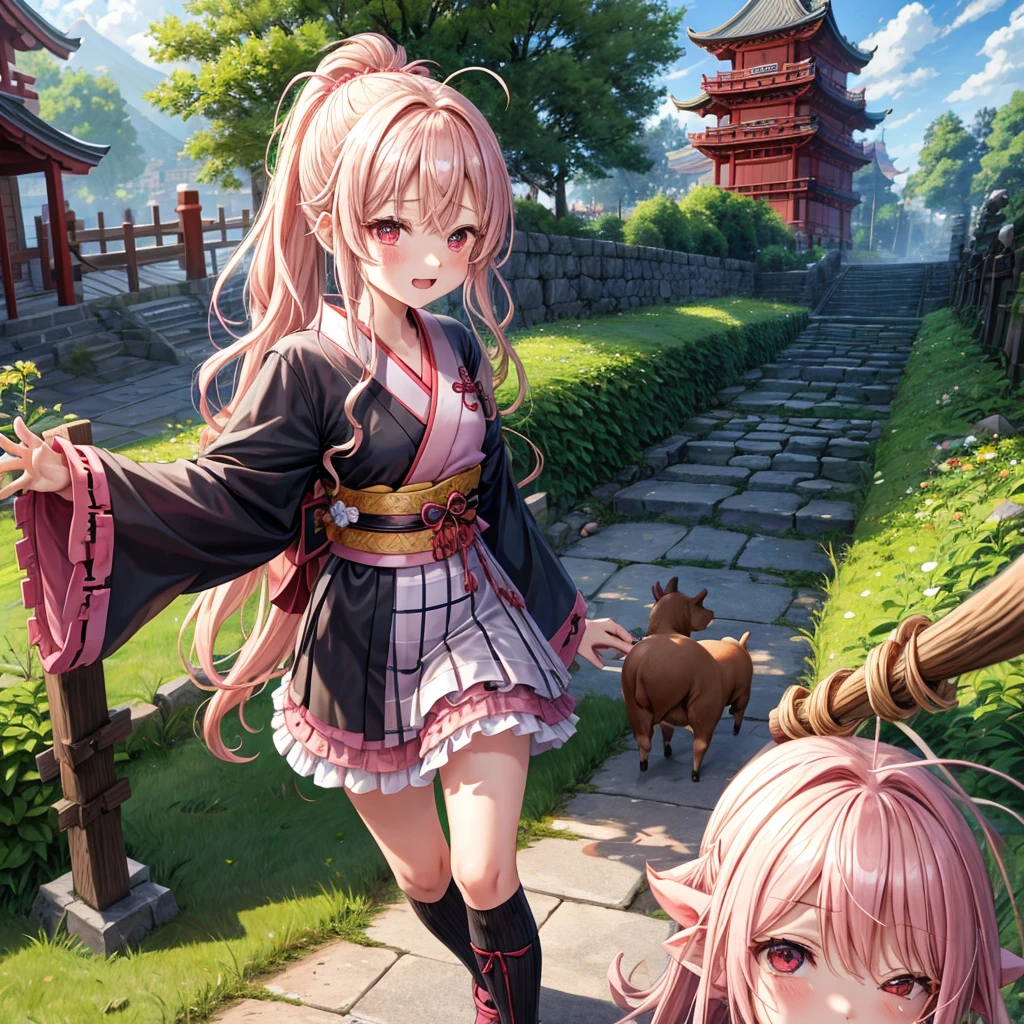 Pink Blonde、Red eyes、Wavy Hair、Hair tied up、Two cute、Checked mini skirt、black t-shirts、kimono、China、Frills、Knee-high socks、Teeth are visible、Monster Castle、Tilting face、grass、Stones are growing out of the ground.、In front of the city gates、Underground tunnels、Wooden bridge、The stone is cracked、Ashura Statue、Giant wood、There is a step on the ground、Piglets in a String
