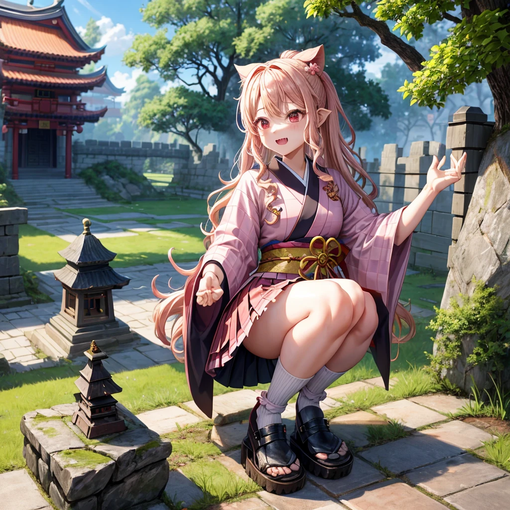 Pink Blonde、Red eyes、Wavy Hair、Hair tied up、Two cute、Checked mini skirt、black t-shirts、kimono、China、Frills、Knee-high socks、Teeth are visible、Monster Castle、Tilting face、grass、Stones are growing out of the ground.、In front of the city gates、Underground tunnels、Wooden bridge、The stone is cracked、Ashura Statue、Giant wood、There is a step on the ground、Piglets in a String