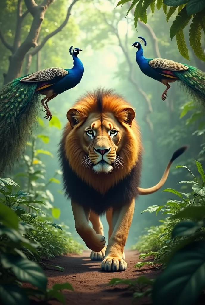 Lion in Amazon forest, peacocks flying, nature, green, animals, beautiful, detailed, rainbow, masterpiece, realistic
