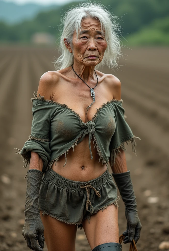 Japan 100 years old old woman aging elderly person aged face gal to off-shoulder、Micro Mini Skirt、Grandma gal wearing thigh-high boots to grandma breast with breast implants,
Tattered off-shoulder top, tattered micro mini skirt, tattered thigh-high boots muddy field work