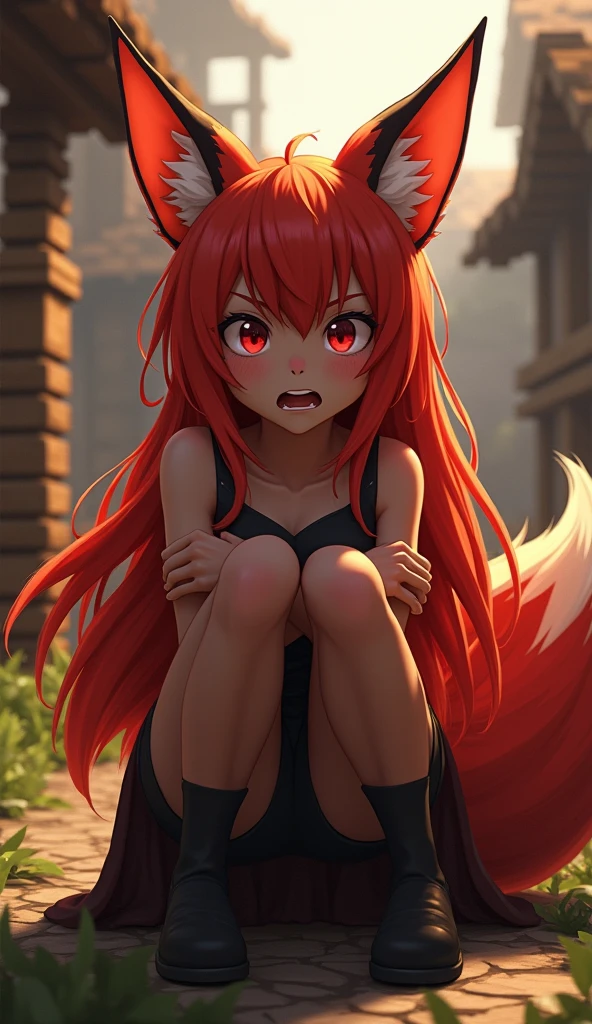 score_9, score_6_up, source_anime, [source_anthro], rating_safe, [rating_explicit],

full body portrait, girl body focus, front view, best quality, (wide shot), highly detailed face, perfect lighting,   

solo, fox girl, furry girl, red hair, long hair, shocked face, (seat at ground:1.35), slit pupils, (covering breasts, crossed arms:1.3), 

(minecraft villagers), minecraft wooden village, minecraft detailed world background,
detailed background, detailed foreground, depth of field, ambient silhouette, backlighting