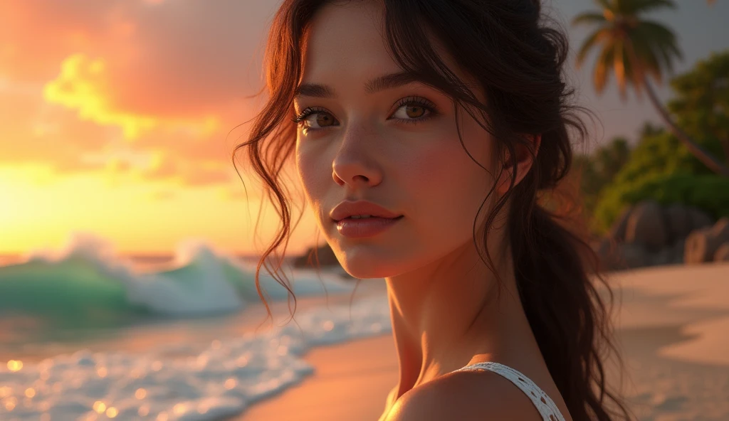 A superb portrait of&#39;a pretty woman, capture every detail in high-resolution, ultra-detailed realistic style. Its realistic colors radiate&#39;une palette vibrante, reflecting the warm hues of&#39;a vibrant sunset over a tranquil beach scene. L&#39;photorealistic image highlights the complexity of its features, faisant ressortir les vraies textures de sa peau sous l&#39;HDRI Lighting. La composition professionnelle utilise à la fois une mise au point nette et un bokeh, perfectly balancing the depth of the scene and highlighting the physical beauty of the subject. With a backdrop of crashing waves and lush palm trees, cette image est un véritable chef-d&#39;physical rendering work, beautifully