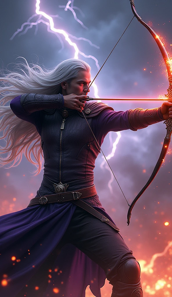 Full body action shot of a man, 8K resolution, high contrast, dramatic lighting, dynamic action pose, deep purple leather armor enveloping his body, moving with deadly precision. Raven, with long flowing silver hair, wields a black bow. He fires arrows with trailing lightning ("Stormbringer Arrow") and fire ("Stormfire Arrow"), both crackling and roaring in the air. A storm of lightning and fire erupts in the background, filling the scene with chaotic energy. The ultra-detailed leather texture of his armor shows every wrinkle, and the intricate bow design is highlighted by lightning and flame effects. His feet are locked in a powerful archer's stance, ready to unleash the next deadly volley, every strand of hair and electrical energy clearly visible in high definition.