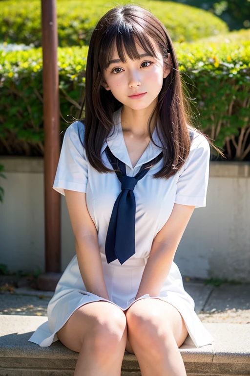 Beautiful face in every detail、Thin arms、Beautiful legs、Fair skin、Japanese schoolgirl、Moderate skin exposure、Small and thin body、Wearing summer uniform、cute、Whole body shot、High resolution, Big round breasts, Pinch your cheeks, 