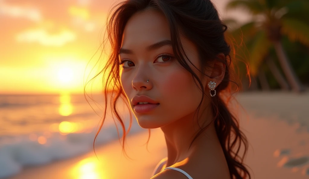 A superb portrait of'a pretty woman, capture every detail in high-resolution, ultra-detailed realistic style. Its realistic colors radiate'une palette vibrante, reflecting the warm hues of'a vibrant sunset over a tranquil beach scene. L'photorealistic image highlights the complexity of its features, faisant ressortir les vraies textures de sa peau sous l'HDRI Lighting. La composition professionnelle utilise à la fois une mise au point nette et un bokeh, perfectly balancing the depth of the scene and highlighting the physical beauty of the subject. With a backdrop of crashing waves and lush palm trees, cette image est un véritable chef-d'physical rendering work, beautifully