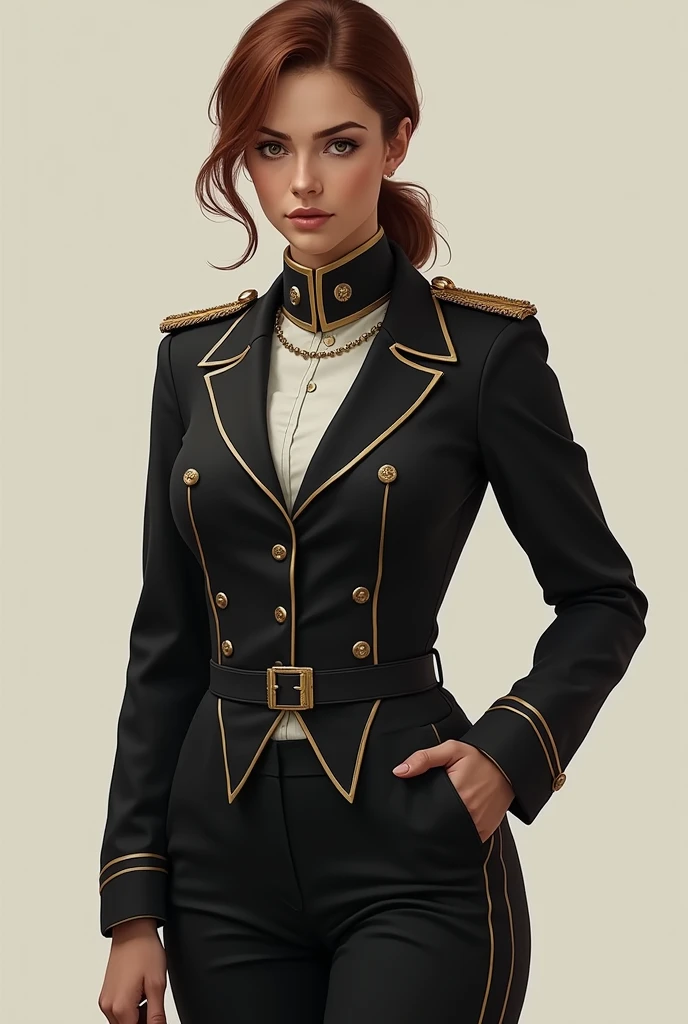 She wears the tight-cut frogged jacket and trousers of a Lancer officer, both of which do little to hide her full-bodied figure, the softness in her features behind the intensity of her expression, and the severe style of her chestnut hair.