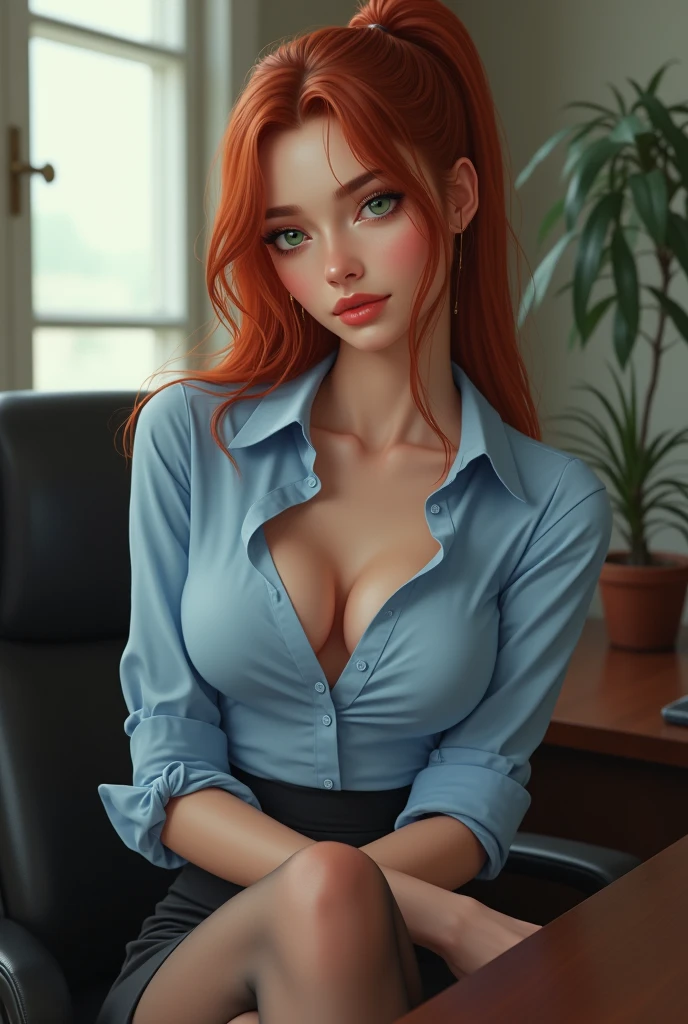An attractive young woman with fair skin and red hair, long and wavy in an elegant bun, she wears a light green pendant, photo realist. is sitting in a modern, well-lit office. She wears a blazer. Her body is curvy, fleshy lips, with wide hips and a slim waist, white fitted cut, that highlights your silhouette in an elegant way. The expression on his face is soft and contemplative., with clear eyes that . The surrounding scenery is a professional office, with bookshelves, documents, and a computer screen visible in the background, all blurred enough to keep the main focus on the woman. The lighting in the room is soft and natural, highlighting the details of her skin and the subtle shine of her delicate necklace. The image must capture the woman&#39;s body from the waist up, in a pose that exudes confidence and elegance, while the surrounding environment suggests a sophisticated and organized work scenario.