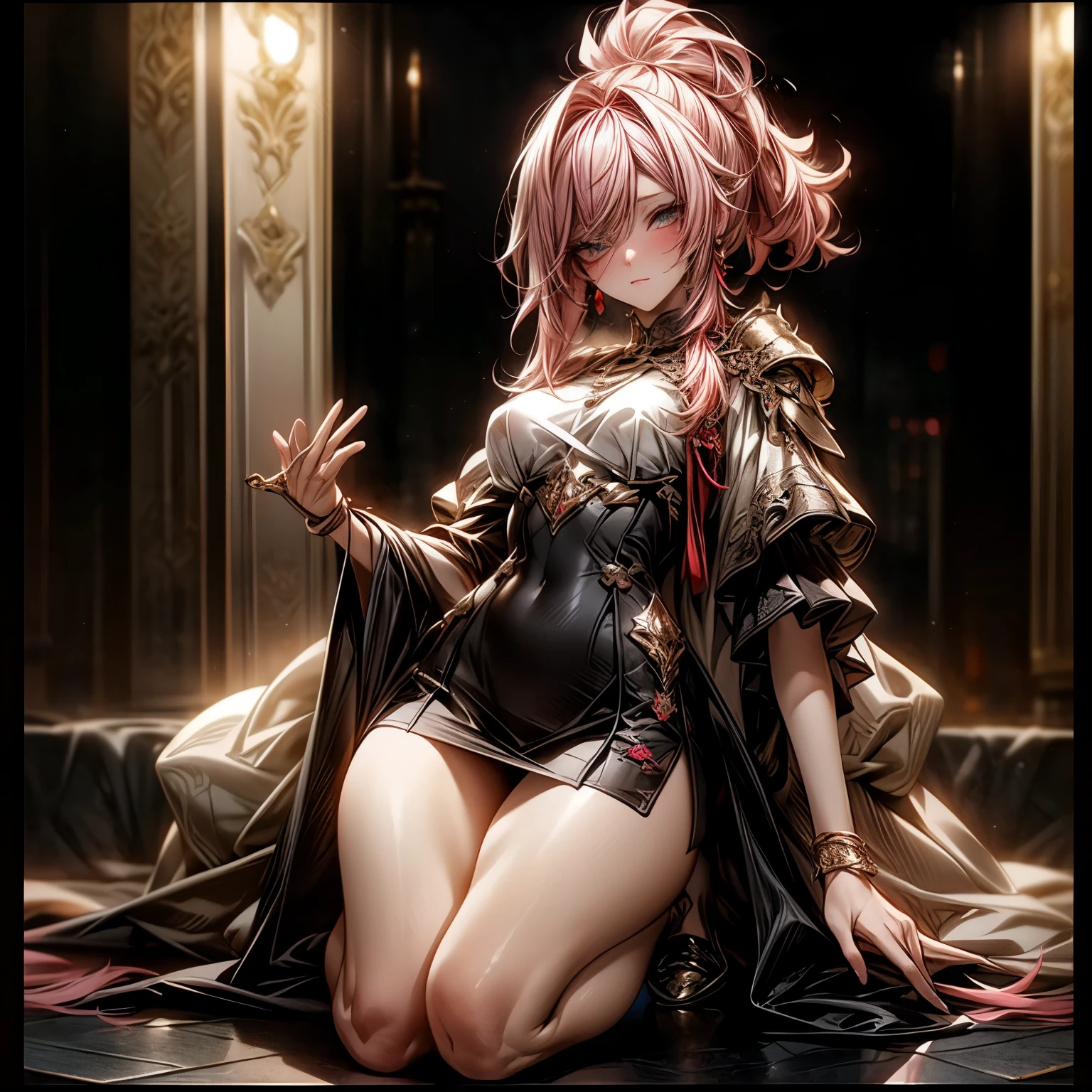 (best quality)), ((Masterpiece)), (details:1.4), 3d, HDR (high dynamic range), an image of a beautiful cyberpunk female, Cyberpunk, Fantasy, Pink hair, High ponytail, Full body, Beautiful white eyes, จมูกโด่ง, ปากแดง, หน้าอกใหญ่, nvidia RTX, PBR surface, After processing, Anisotropic filtration,depth of field, Maximum clarity and clarity, multi-layered surface, Subsurface scattering, perfect proportions, 8K raw files, ultra detailed, Perfect proportions, volumetric lighting, soft lighting, Holy Paldin, Heavy Silver Armor, Red dress, glossy skin, intricate Golden embroidery, Castle background, jewely, ต่างหู, นิ้วมือสมบูรณ์, mini skirt, โกรธ