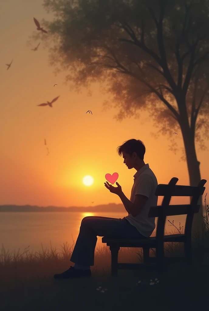 A solitary figure, sitting on a bench under a tree during a soft, dusky evening. The person looks thoughtful, staring at a distant horizon where the sun is setting, casting warm golden hues. The figure is holding a small, glowing heart gently in their hands, symbolising their desire for lasting love. The surrounding environment, like the tree and sky, has a slightly blurred effect, representing the uncertainty and longing. Above, faintly visible in the sky, are fragmented words or a question mark, hinting at the doubt and introspection expressed in the lyrics.