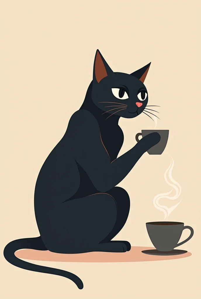 Flat vector illustration of a black cat drinking coffee