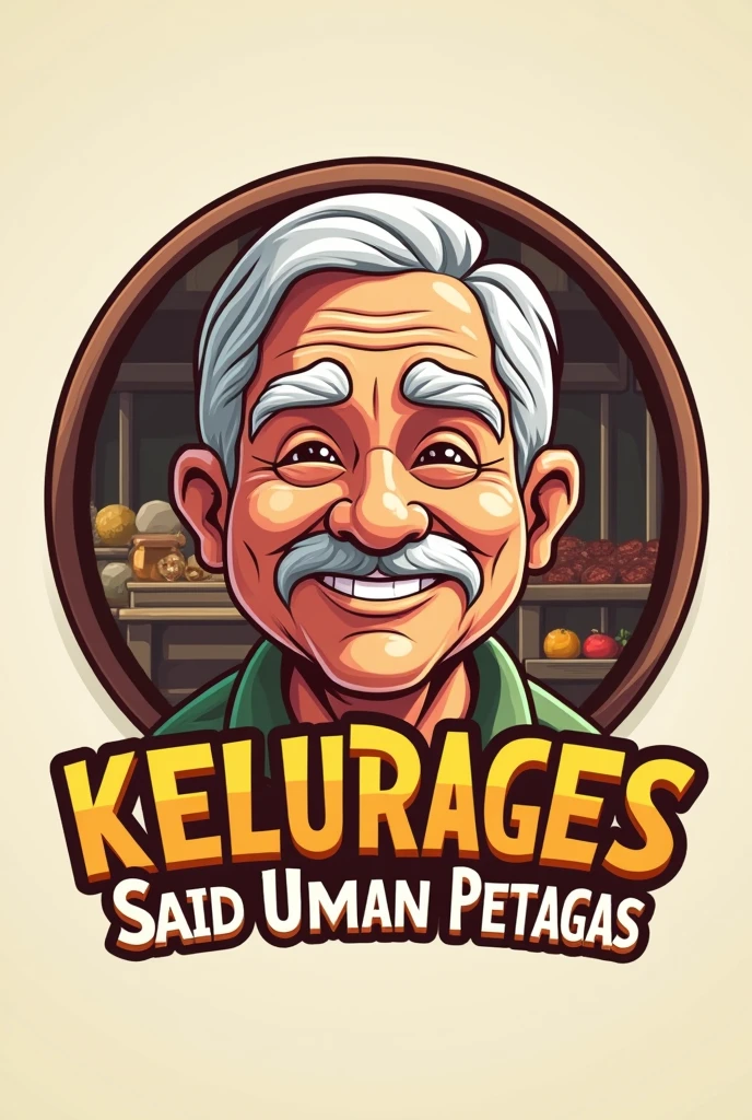Create a logo about old man face (cartoon). Behind him is stall or maybe like business cooperation . Put the name of the cooperation : Koperasi Keluarga Said Usman Petagas