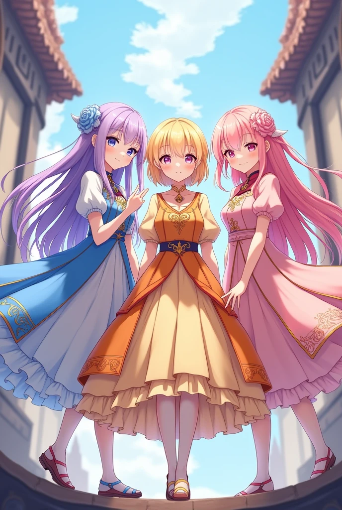 3 beautiful young girls the first girl with long lavender hair with bangs with dull light blue eyes beautiful blue and white dress. The second girl is young cm with short sun yellow hair with bangs and a yellow and orange dress with a large gold necklace, she is the happiest and the third has long hair with bangs to the sides, strawberry pink with dull pink eyes in a strong and light pink dress with long white socks. ( girls between 16 and 18) medieval era anime ( the dresses are like the gemshin impact game)