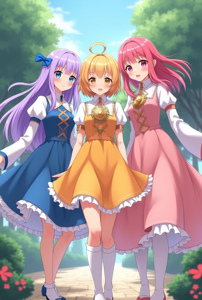 3 beautiful young girls the first girl with long lavender hair with bangs with dull light blue eyes beautiful blue and white dress. The second girl is young cm with short sun yellow hair with bangs and a yellow and orange dress with a large gold necklace, she is the happiest and the third has long hair with bangs to the sides, strawberry pink with dull pink eyes in a strong and light pink dress with long white socks. ( girls between 16 and 18) medieval era anime ( the dresses are like the gemshin impact game)