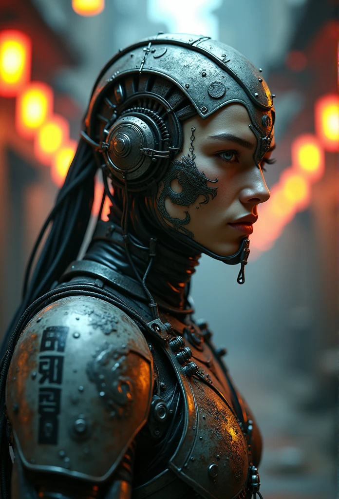 maximum quality, dramatic lighting, Pose amorosa, Soft expression, epic atmosphere, (((Tattoo of a Chinese dragon, vertical Chinese letters of name "Dragon", Chinese cultural symbols, vector art))),um homem feito de metal, ciborgue, estilo cyberpunk, mechnical, ((detalhes intrincados)), HDR, ((detalhes intrincados, hiperdetalhado)), incandescent bulbs, Cinematic Shot, vinheta, bokeh efeito beckground, (Caninos), (tiro de corpo inteiro).
