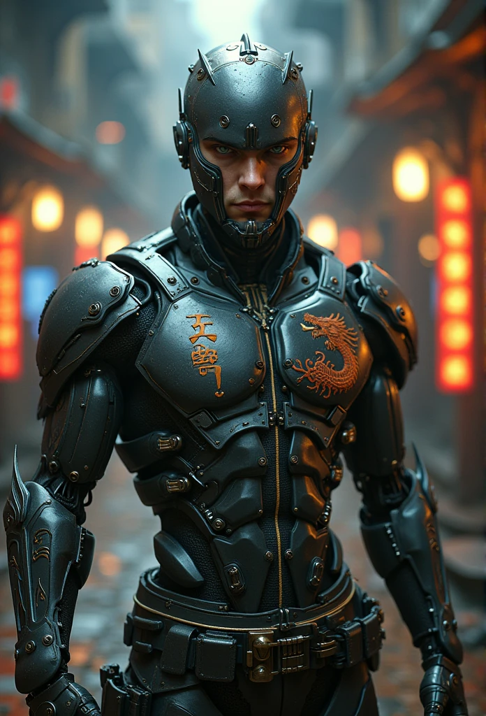 maximum quality, dramatic lighting, Pose amorosa, Soft expression, epic atmosphere, (((Tattoo of a Chinese dragon, vertical Chinese letters of name "Dragon", Chinese cultural symbols, vector art))),um homem feito de metal, ciborgue, estilo cyberpunk, mechnical, ((detalhes intrincados)), HDR, ((detalhes intrincados, hiperdetalhado)), incandescent bulbs, Cinematic Shot, vinheta, bokeh efeito beckground, (Caninos), (tiro de corpo inteiro).