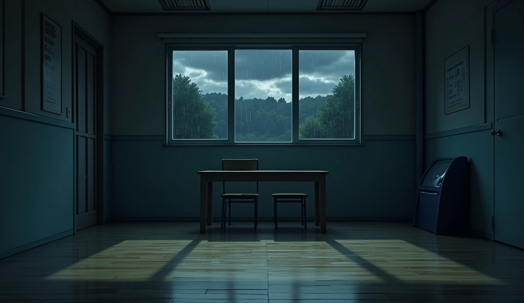 japanese school corridor, no people, raining, day, clouds, In the style of Makoto Shinkai。master piece, ultra detail, precision, ultra-realistic,