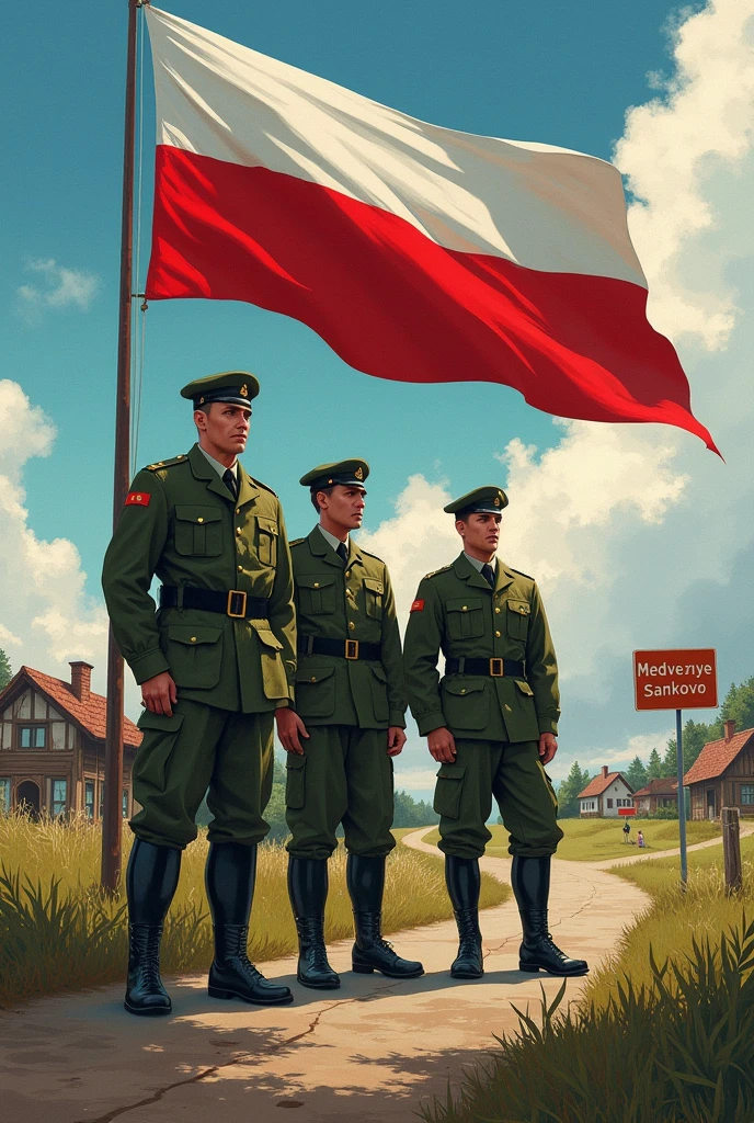 Create an art where Belarusian soldiers pose over the village with a flag (their flag is white-red-white, it consists of three horizontal equal stripes - white, red and white, with a ratio of width and without a coat of arms purely vertical flag white-red-white) behind them is a road sign with the text Medvezhye-Sankovo.