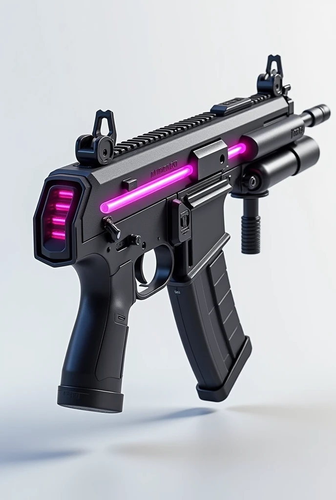 A sleek, lightweight assault rifle with energy conduits running along the barrel, designed for rapid-fire and precision shooting. Matte black with electric pink accents,3D Rendering, Super Detailed, Textured Skin, High Resolution, High Quality,