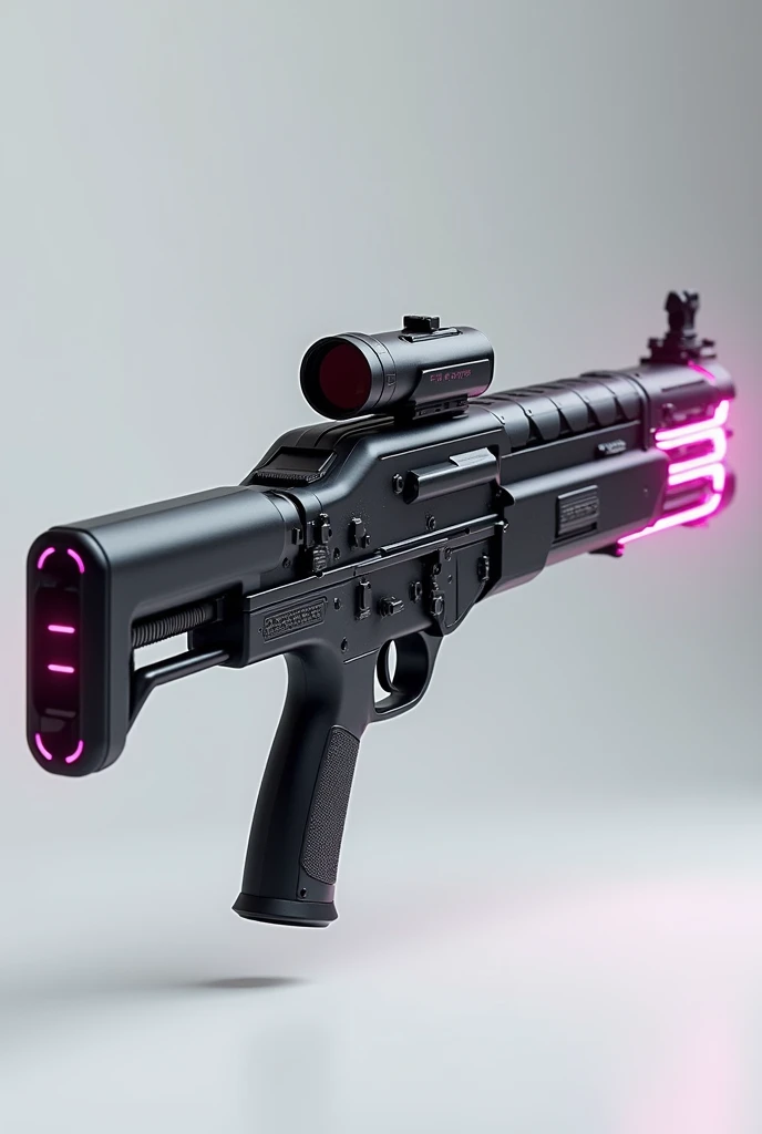 A sleek, lightweight assault rifle with energy conduits running along the barrel, designed for rapid-fire and precision shooting. Matte black with electric pink accents,3D Rendering, Super Detailed, Textured Skin, High Resolution, High Quality,