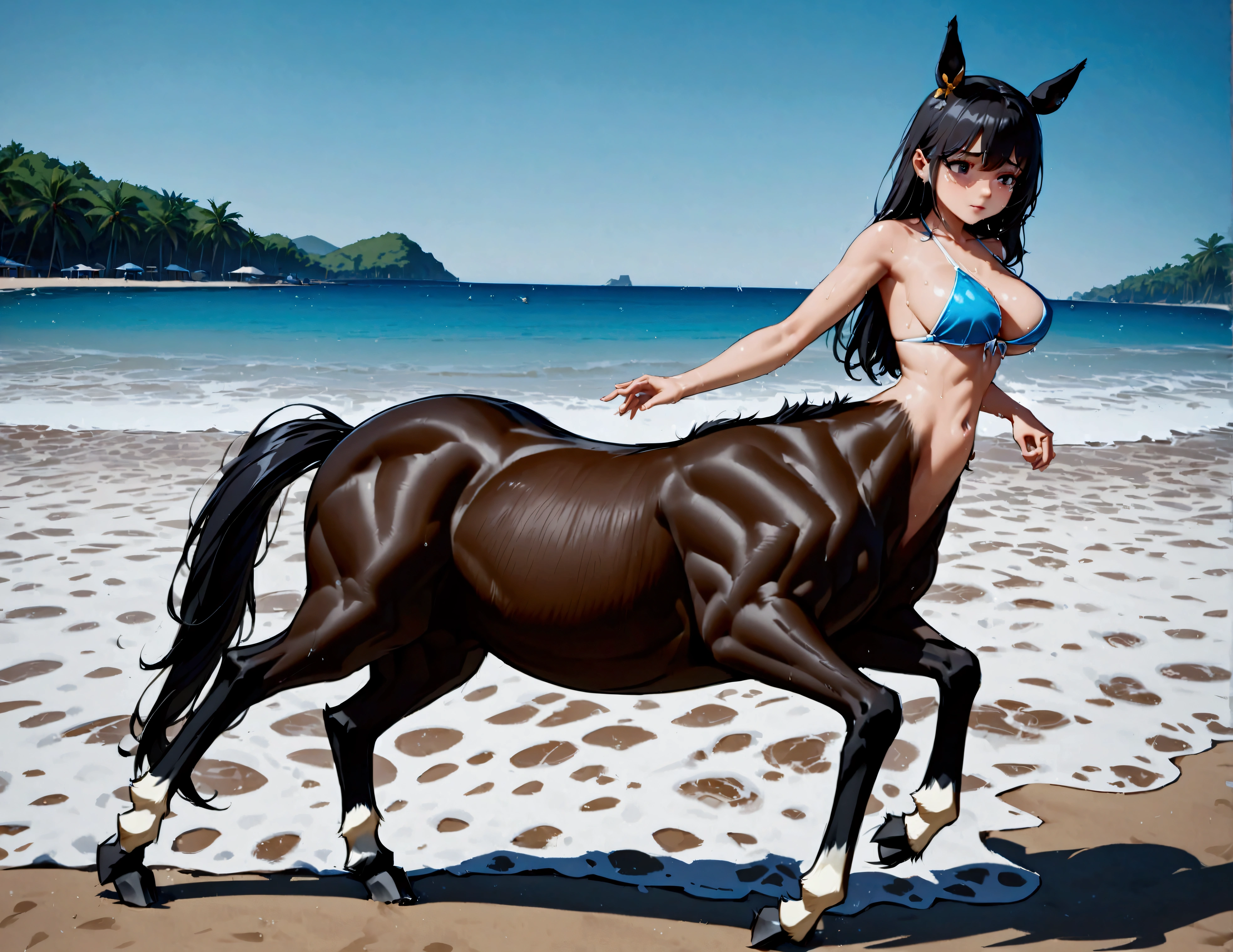 8k,wallpaper of extremely detailed CG unit, masterpiece,hight resolution,top-quality,top-quality real texture skin,hyper realisitic,increase the resolution,RAW photos,best qualtiy,highly detailed,the wallpaper,cinematic lighting,ray trace,golden ratio, BREAK ,1girl\(pretty, female, (centaur\((lower body is very beautiful black horse body:1.3),horse ear,hooves,teen\):1.4),tanned skin, very cute swimwear ,sweats,playing at beach, breast, ((dynamic pose)),\), background\(beautiful seaside, RESORT island beach,very realistic background\), (dynamic angle:1.3),
