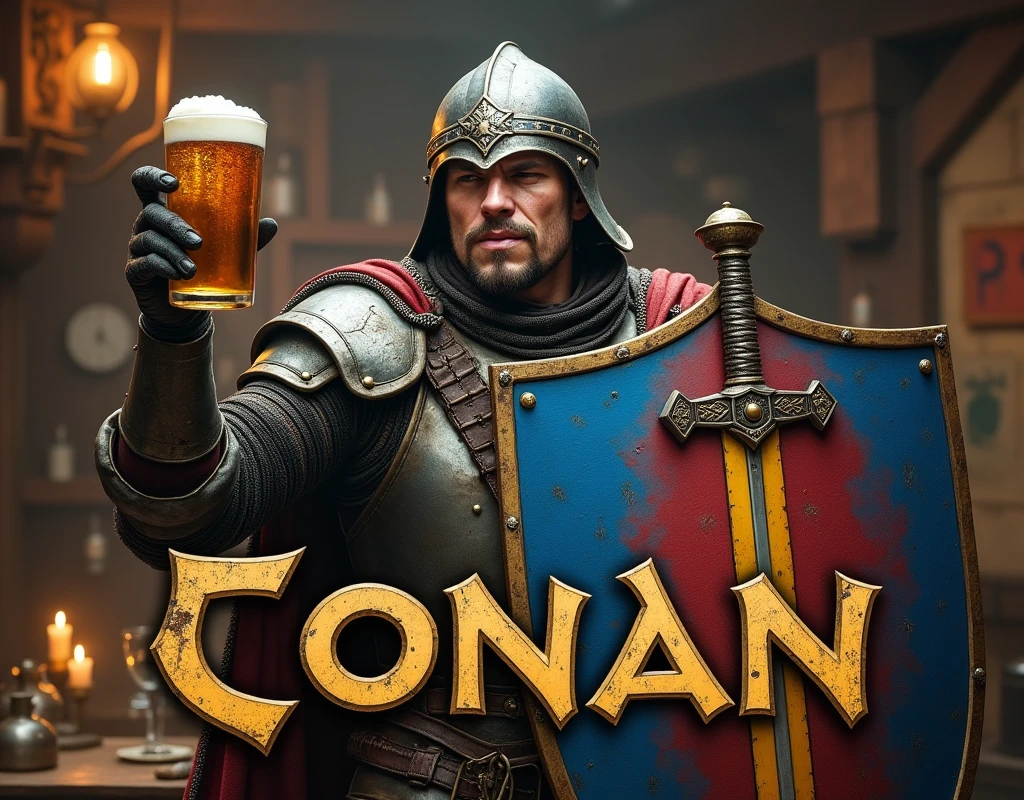 A poster depicting a drunk man brandishing a pinte of whisky, and carrying a blue and red shield with thin vertical yellow sword painted upwards coat of arms, damaged by fighting. (medieval battered chain mail, helmet, very battle-damaged). He's on a tavern with (the words "Conan" written in large golden letters in the foreground). He has white skin, half-closed eyes.