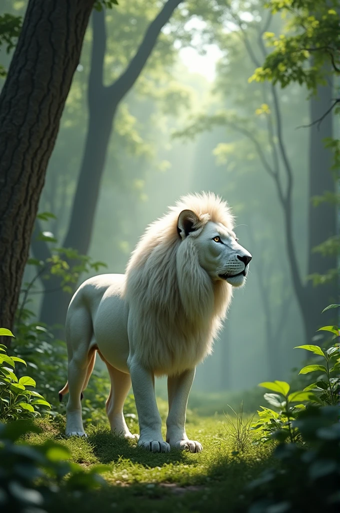 A white lion facing right in a green forest, I want the lion far away in the picture