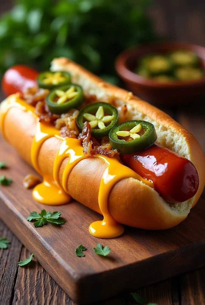 Hot dog au fromage coulant et jalapeños et oignon cuit 