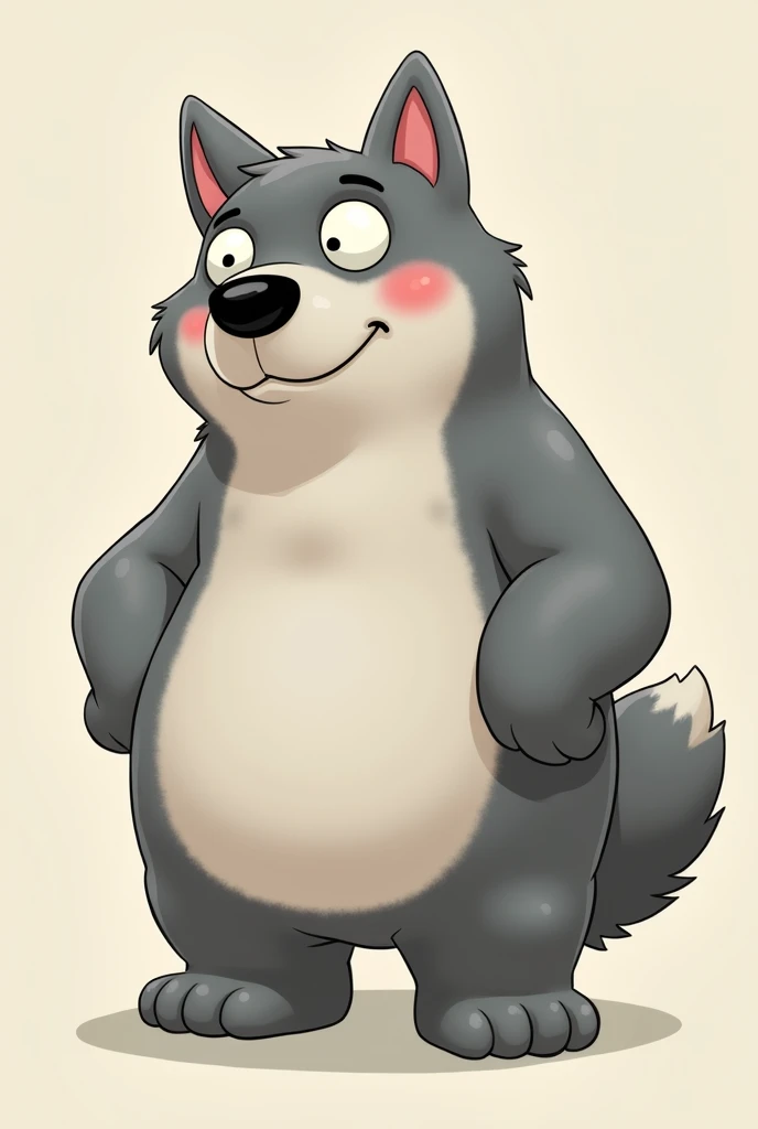 A cartoon wolf with a big chest and a big belly