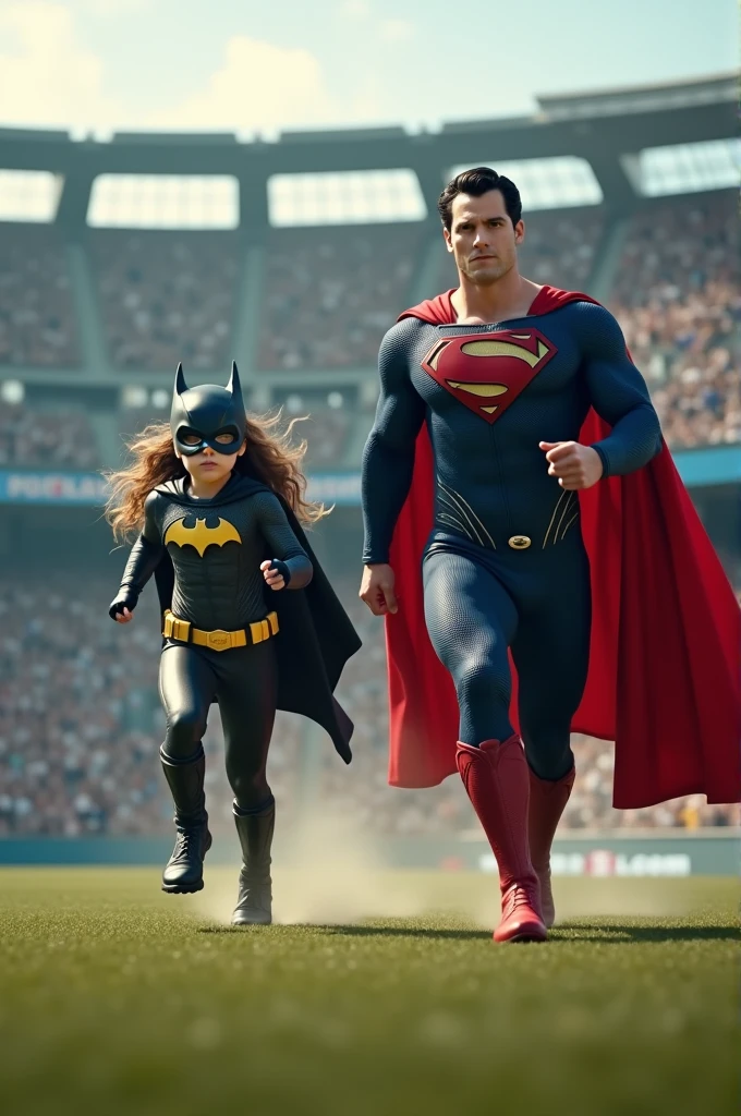 A batkid girl running with Superman at Studiam 