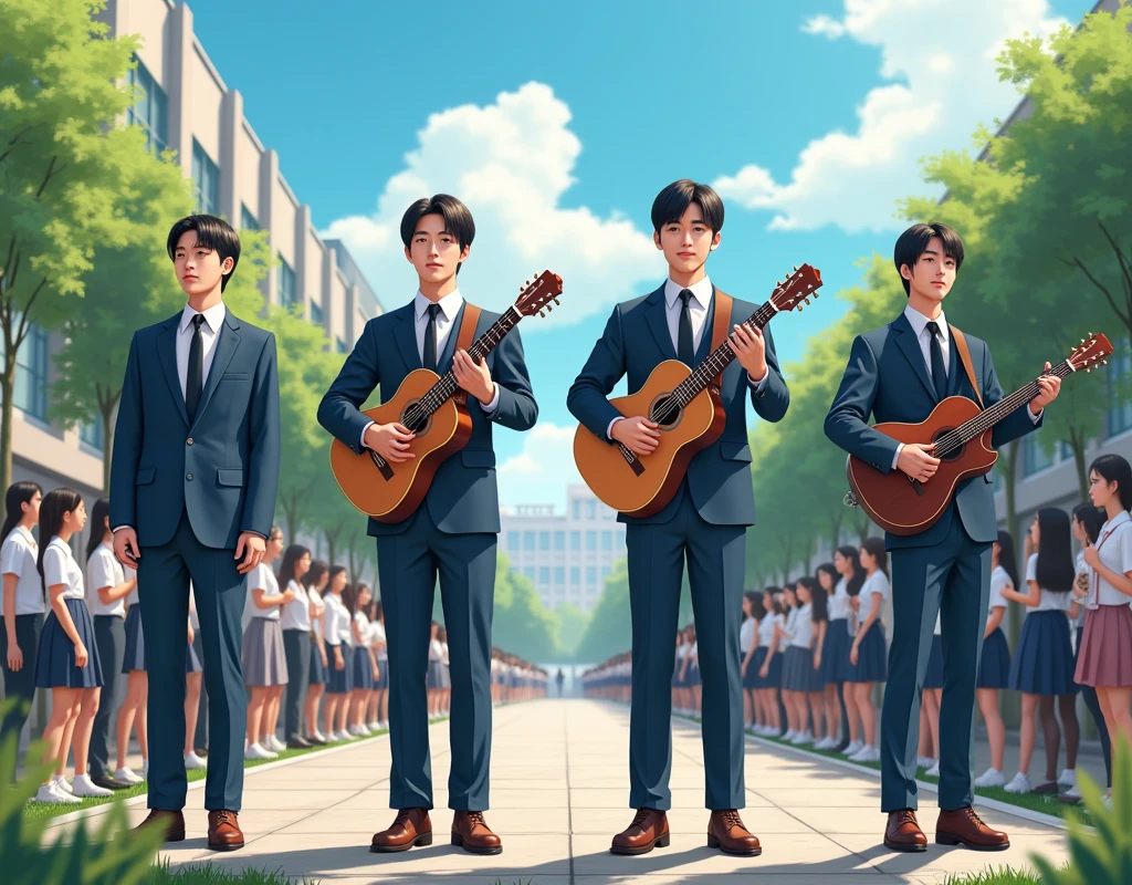 Create a four handsome Korean men wearing school uniforms looking in front. The setting should be a school yard. complete with a guitar and drums. with a lot of people.