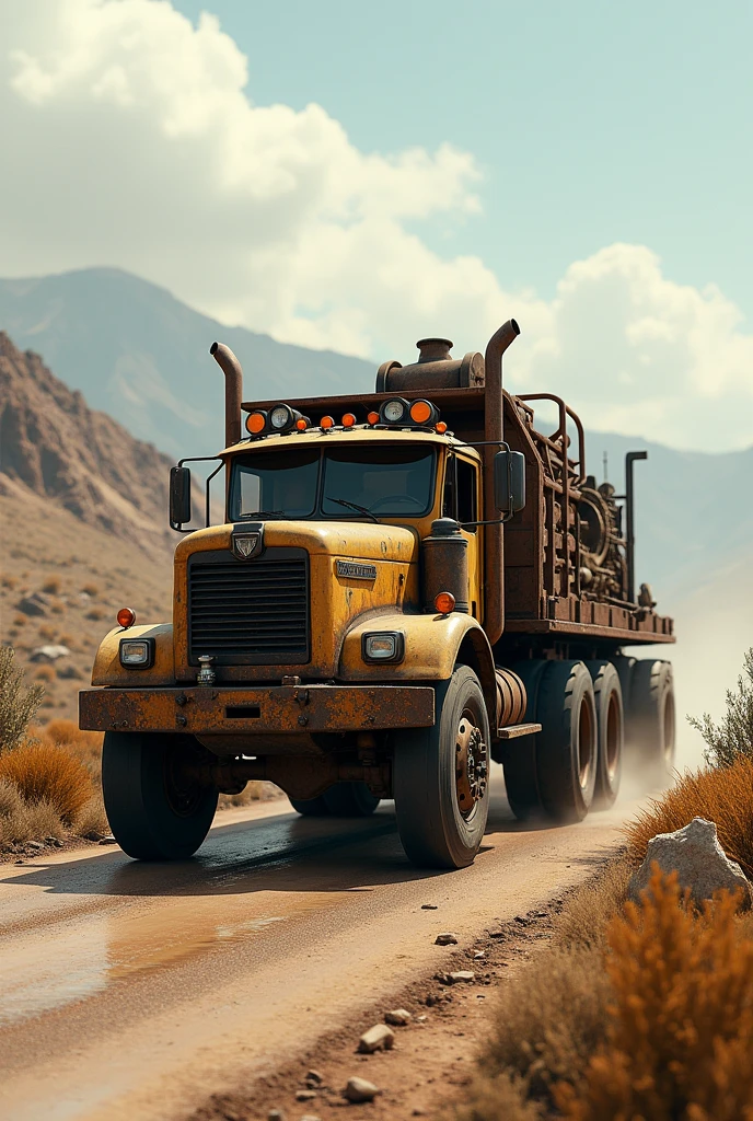 A truck on road and loaded with machine
