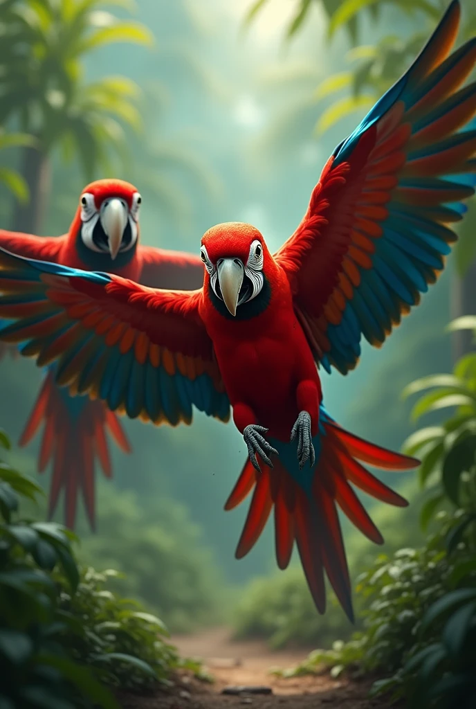 Two parrots flying fast and scared 