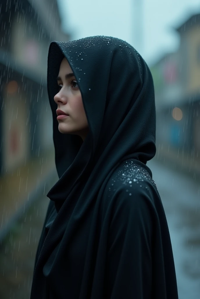 A girl wearing a burkha is getting wet in the rain