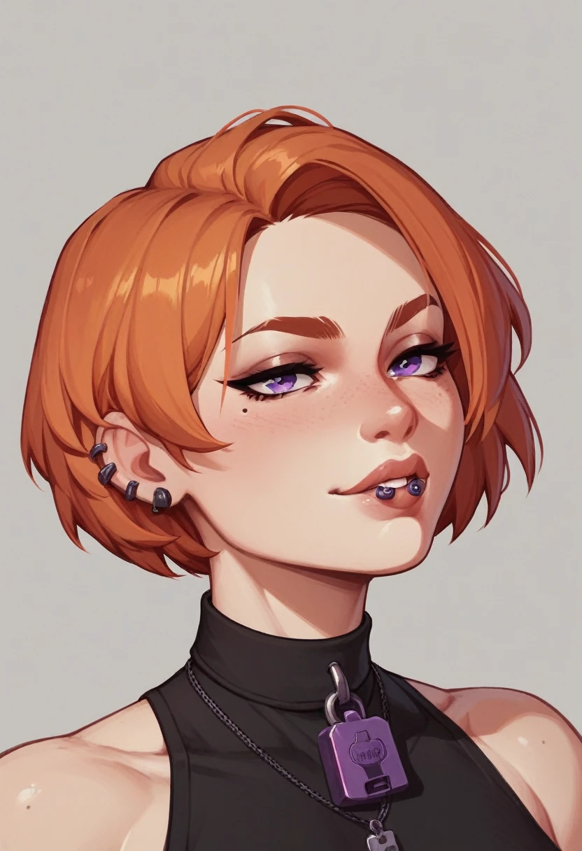 A girl, ginger with short hair (one purple lock of hair), who wear black baggy clothes and have a lip ring piercing. She have a kinda dark make up.