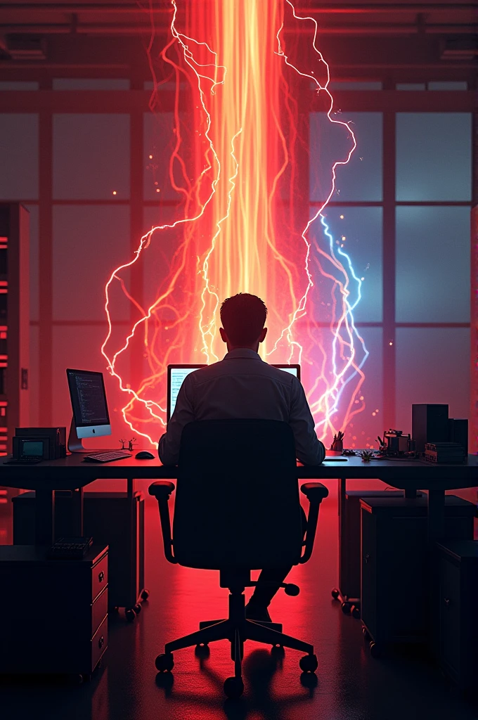 Striking silhouette of an artist in an office with energy light and lines surrounding