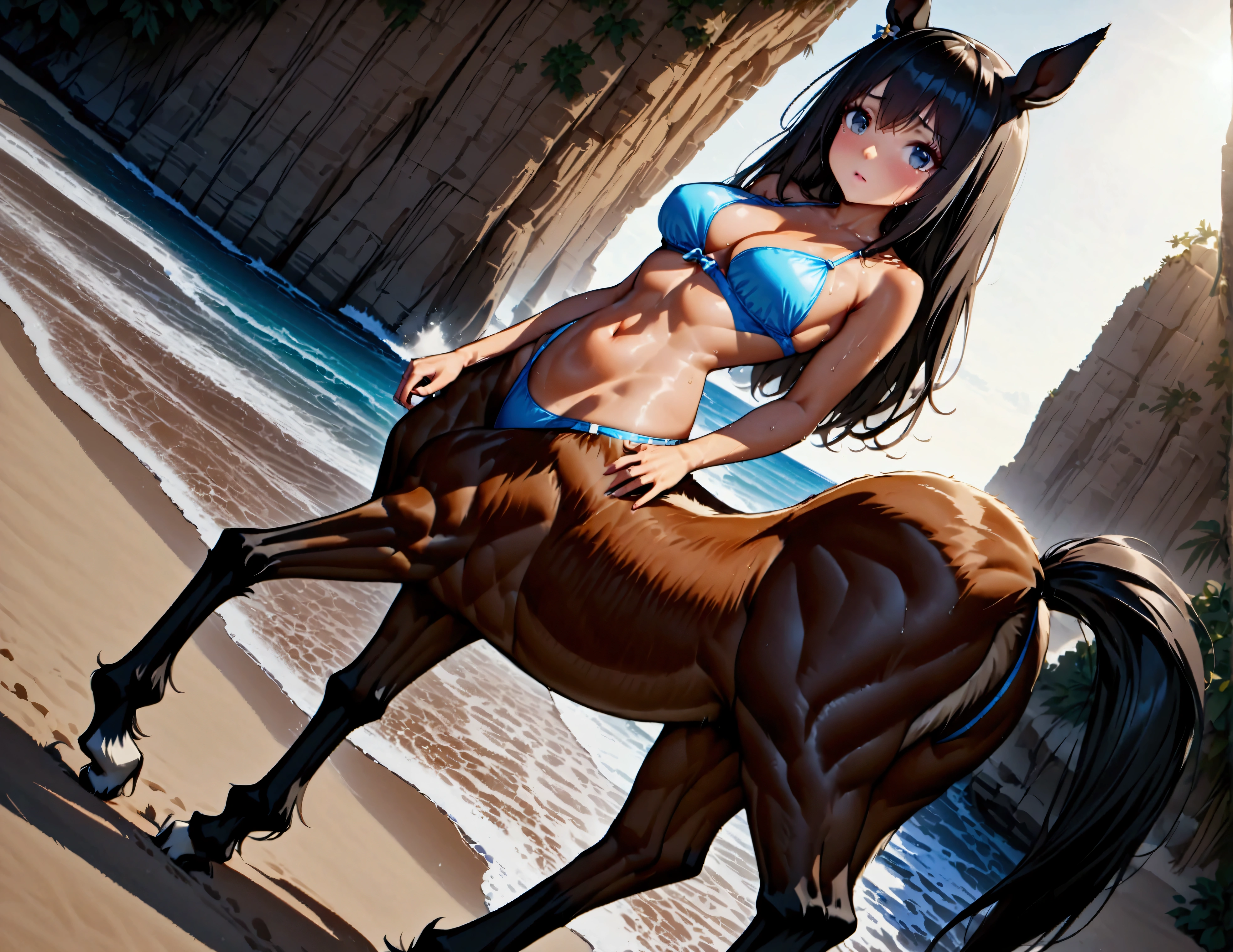 8k,wallpaper of extremely detailed CG unit, ​masterpiece,hight resolution,top-quality,top-quality real texture skin,hyper realisitic,increase the resolution,RAW photos,best qualtiy,highly detailed,the wallpaper,cinematic lighting,ray trace,golden ratio, BREAK ,1girl\(pretty, female, (centaur\((lower body is very beautiful black horse body:1.3),horse ear,hooves,teen\):1.4),tanned skin, very cute swimwear ,sweats,playing at beach, breast, ((dynamic pose)),\), background\(beautiful seaside, RESORT island beach,very realistic background\), (dynamic angle:1.5),
