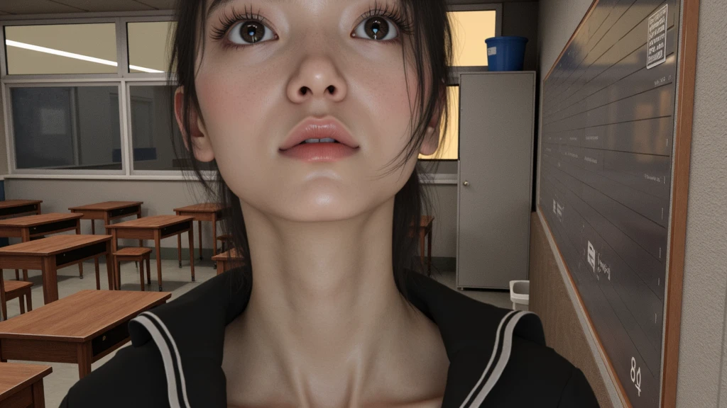Young beautiful woman, Chinese face, long neck, Adam's apple, classroom, school uniform