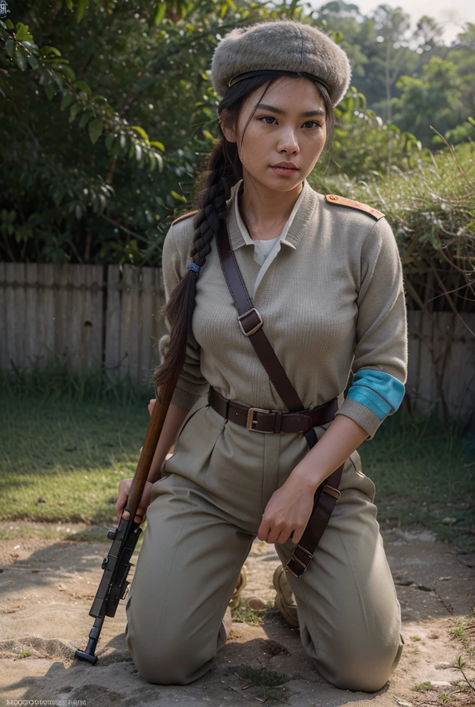 beautiful female soldier, north korean face, hair in a ponytail, light gray Soviet style military uniform, wool pants, chinese style military wool cap, harnesses and belts with ammunition, military boots, holds rifle, she is kneeling in a rice paddies, southeast asia, jungle, impoverished, messy thick luscious hair, tied hair, short hair, detailed face, penetrating eyes, beautiful detailed lips, extremely detailed skin, detailed clothing, (best quality,4k,8k,highres,masterpiece:1.2),ultra-detailed,(realistic,photorealistic,photo-realistic:1.37), natural lighting, warm color tones, cinematic composition, thicc, natural, natural lashes, no makeup, glistening sweat