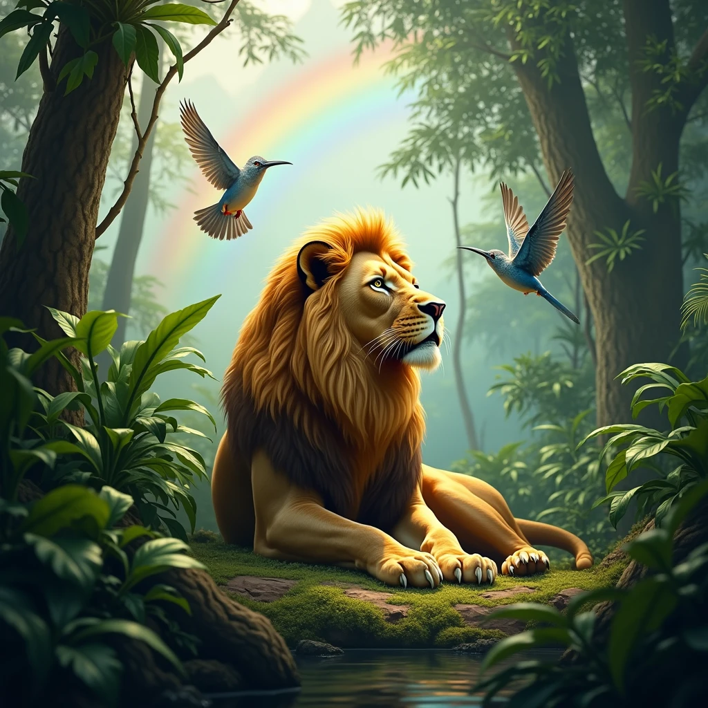 Lion sitting in Amazon forest, birds flying, nature, green, animals, beautiful, detailed, rainbow, masterpiece, realistic